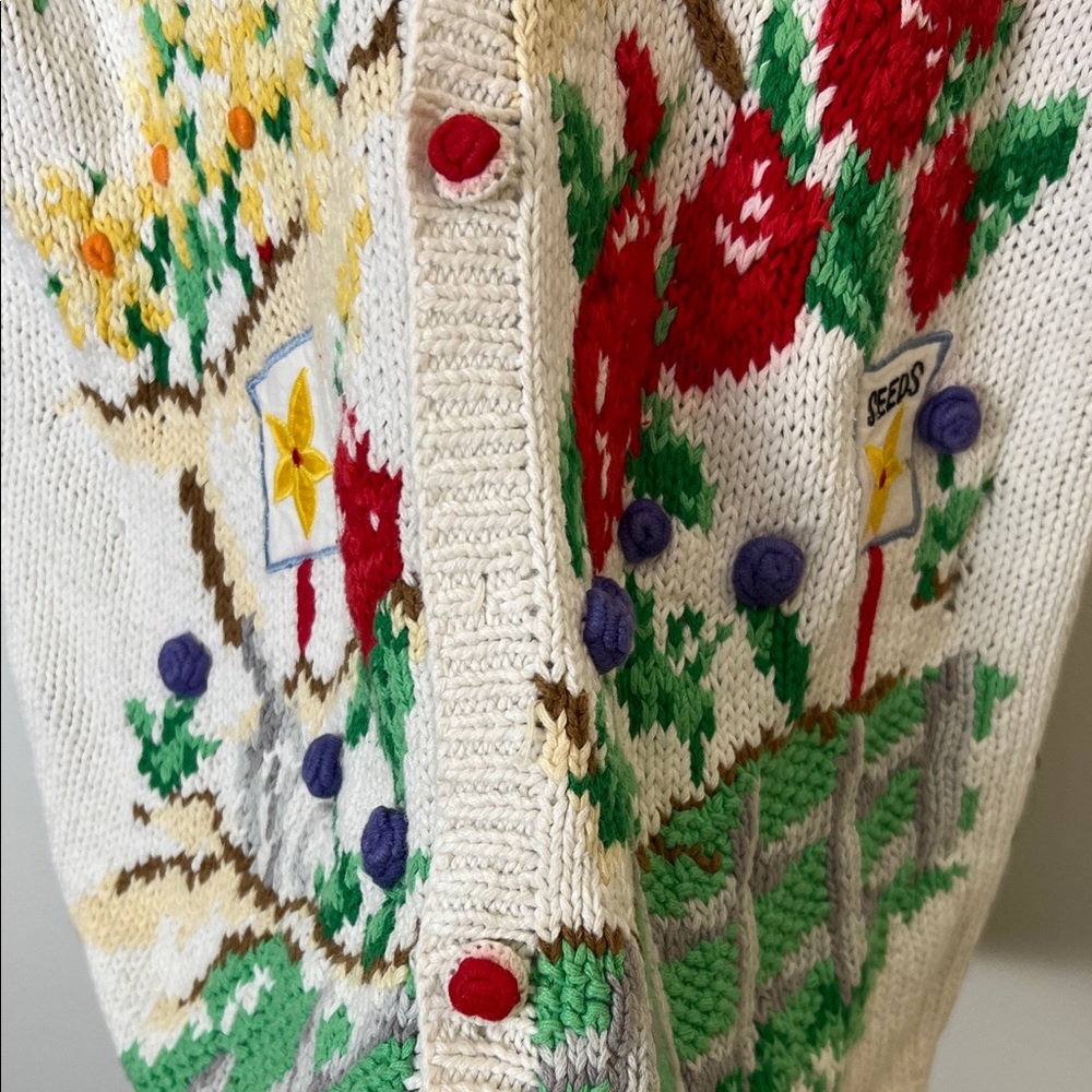 Vintage Cottagecore Garden Knit Cardigan Floral Watering Can Sweater - Picture 4 of 4